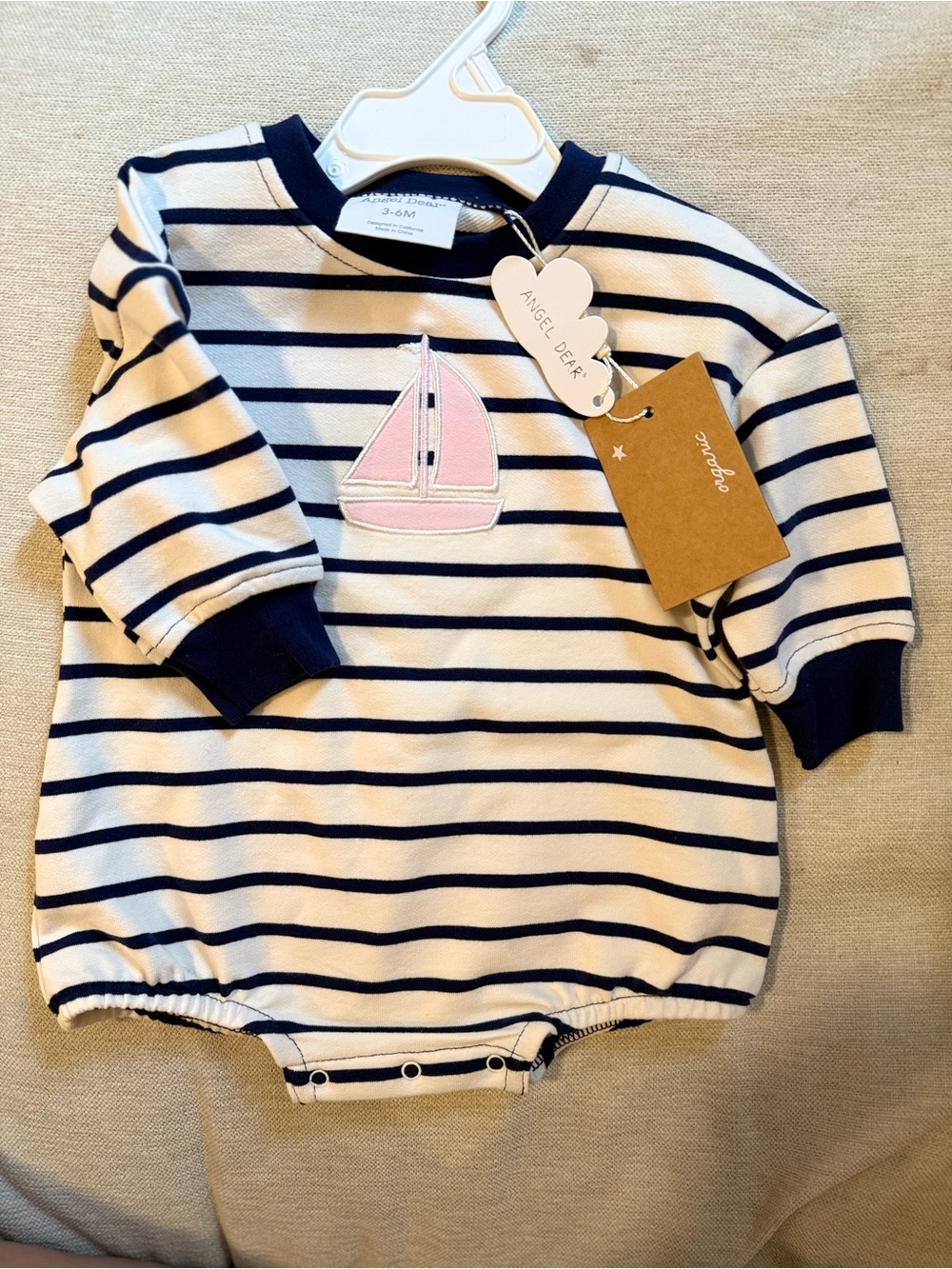 Angel Dear Navy and White Striped One-Piece with Pink Sailboat